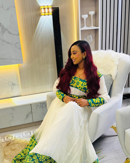 Handcrafted Ethiopian Clothing Vibrant Green Patterned Eritrean Dress & Elegant Traditional Ethiopian Dress 1348