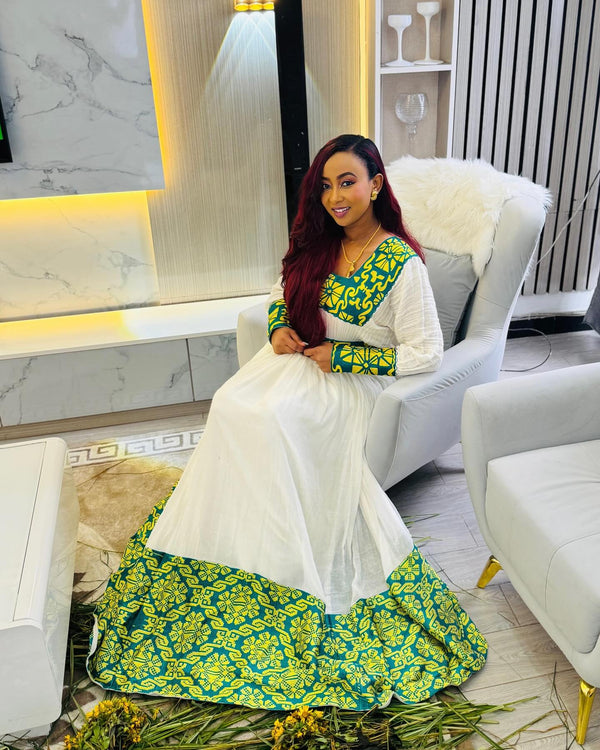 Handcrafted Ethiopian Clothing Vibrant Green Patterned Eritrean Dress & Elegant Traditional Ethiopian Dress 1348