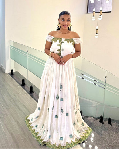 Modern Off-Shoulder Habesha Traditional Dress & Handcrafted Ethiopian Traditional Dress