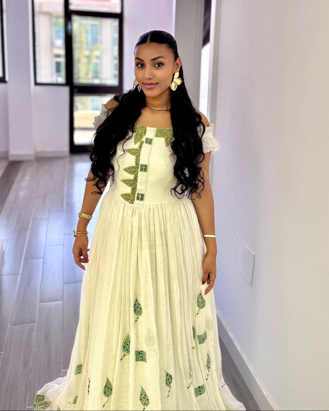 Off-The-Shoulder Green Embroidered Ethiopian Dress Handwoven Habesha Kemis Online & Contemporary Ethiopian Clothing 1349