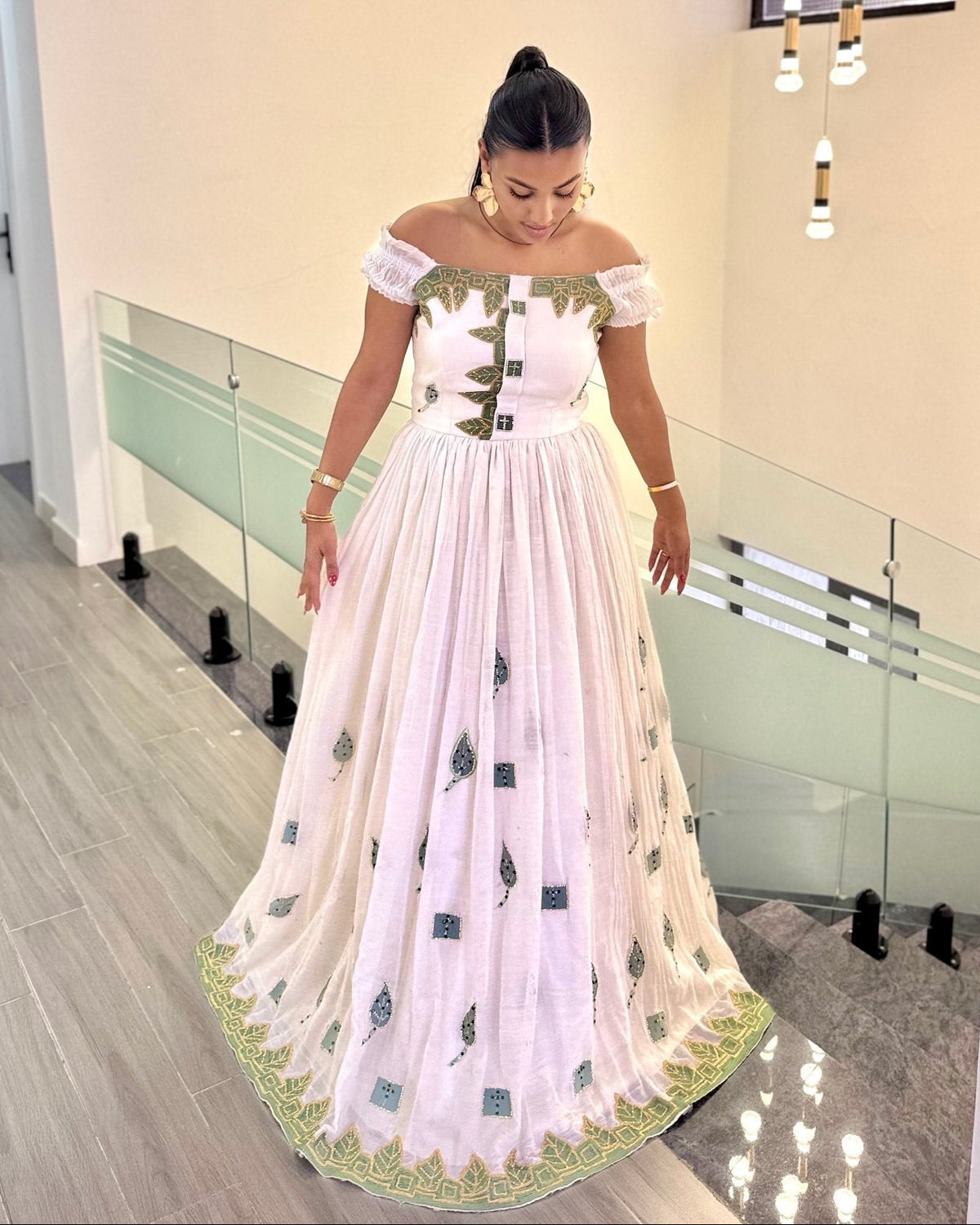 Off-The-Shoulder Green Embroidered Ethiopian Dress Handwoven Habesha Kemis Online & Contemporary Ethiopian Clothing 1349