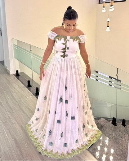 Off-The-Shoulder Green Embroidered Ethiopian Dress Handwoven Habesha Kemis Online & Contemporary Ethiopian Clothing 1349