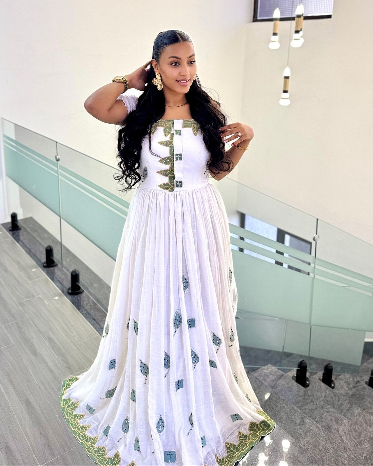 Off-The-Shoulder Green Embroidered Ethiopian Dress Handwoven Habesha Kemis Online & Contemporary Ethiopian Clothing 1349
