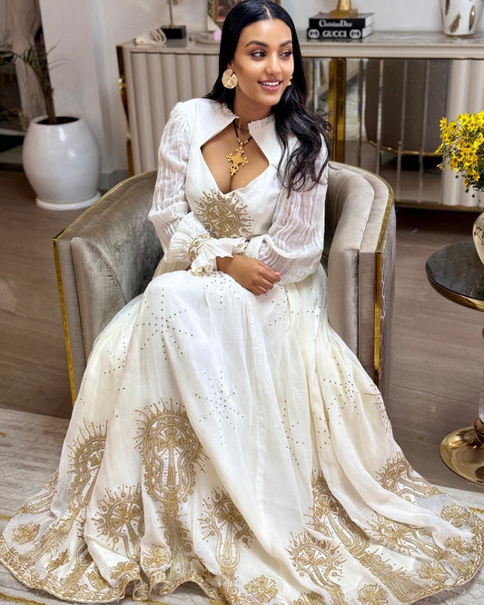 Gold Sunburst Motif Habesha Traditional Dress & Handcrafted Ethiopian Traditional Dress