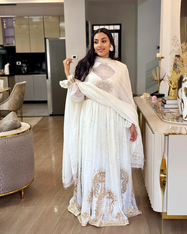 Elegantly Embroidered Gold Cross Ethiopian Dress Handwoven Habesha Kemis Online & Luxury Ethiopian Clothing 1350