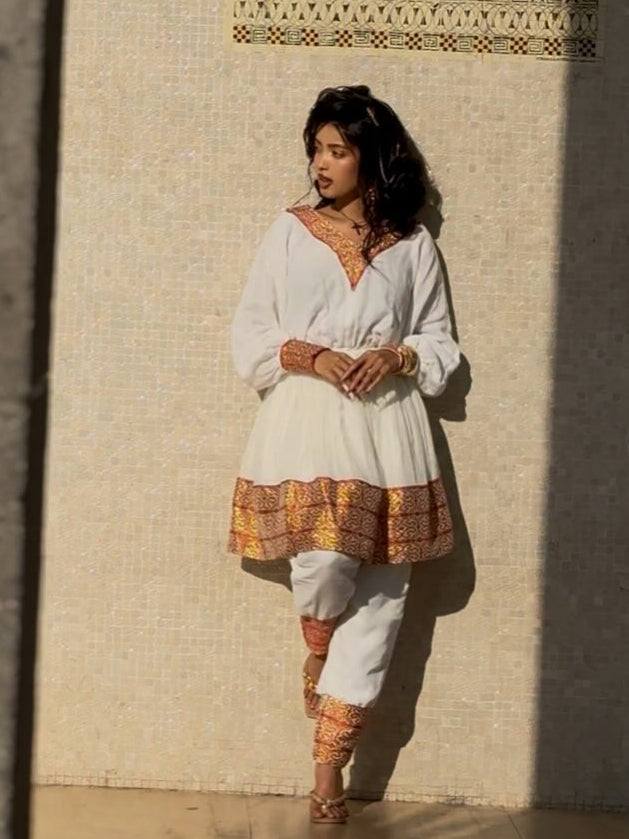 Ethiopian dress Crimson & Terracotta Terracotta Tapestry Bishop-Sleeve Tunic & Trouser Set Habesha dress 1353