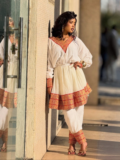 Crimson Geometric Tapestry Two-Piece Cultural Set Habesha dress