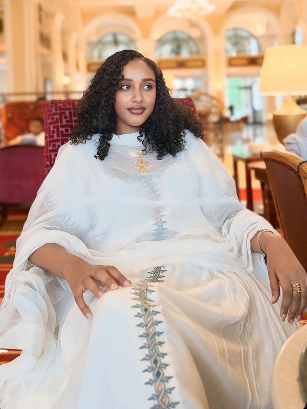 Serene Pastel Embroidered White Ethiopian Dress Handcrafted Habesha Kemis Online & Authentic Ethiopian Clothing 1354