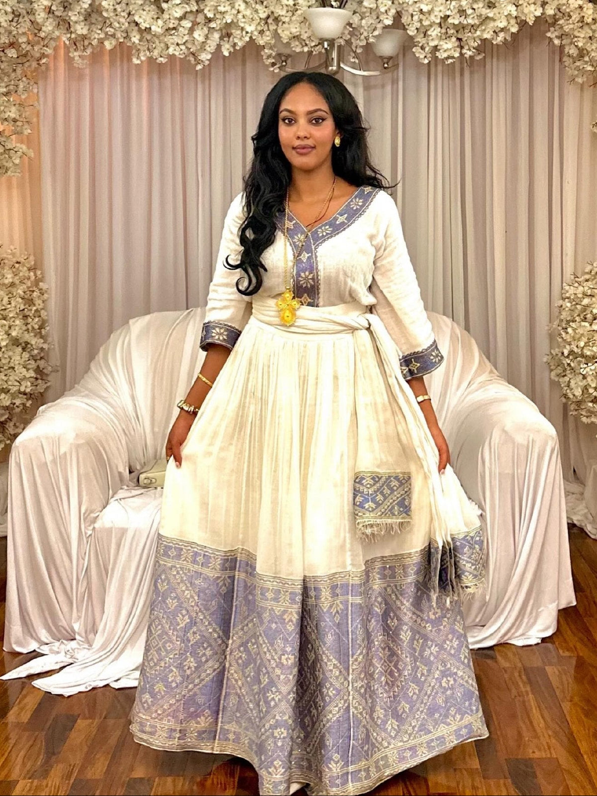 Dusty Blue Accent Habesha Traditional Dress & Regal Ethiopian Traditional Dress   