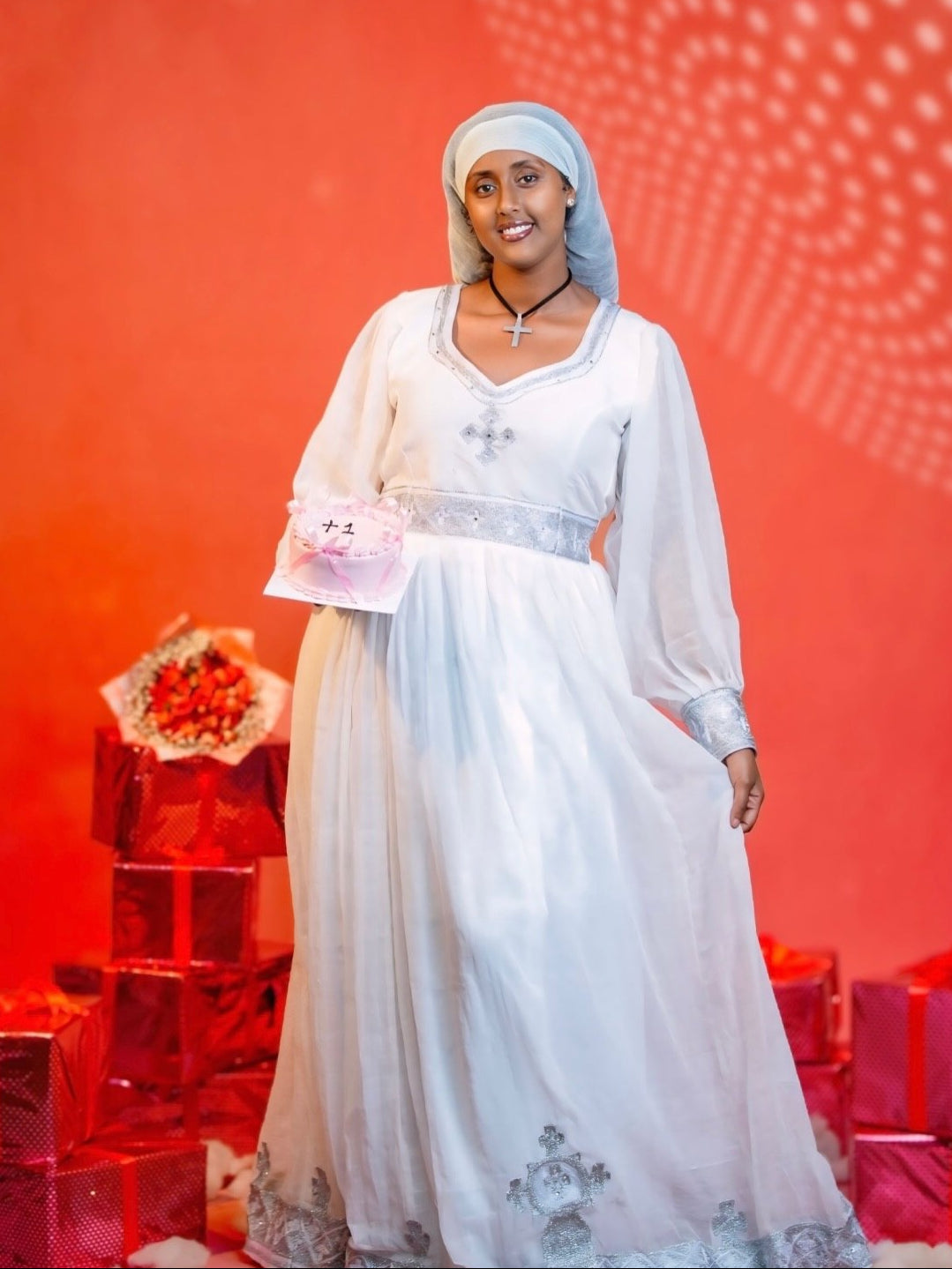 Silver Cross Motif Habesha Traditional Dress & Authentic Ethiopian Traditional Dress   