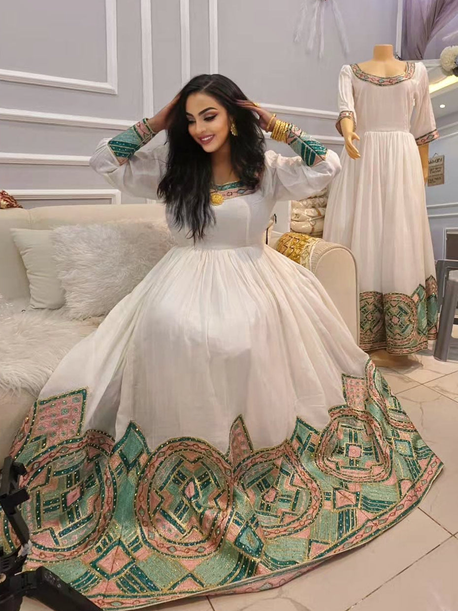 Teal & Blush Pastel Embroidered Ethiopian Dress Handcrafted Habesha Kemis Luxury Ethiopian Clothing 1357