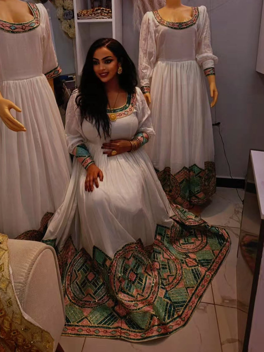 Teal & Blush Pastel Embroidered Ethiopian Dress Handcrafted Habesha Kemis Luxury Ethiopian Clothing 1357