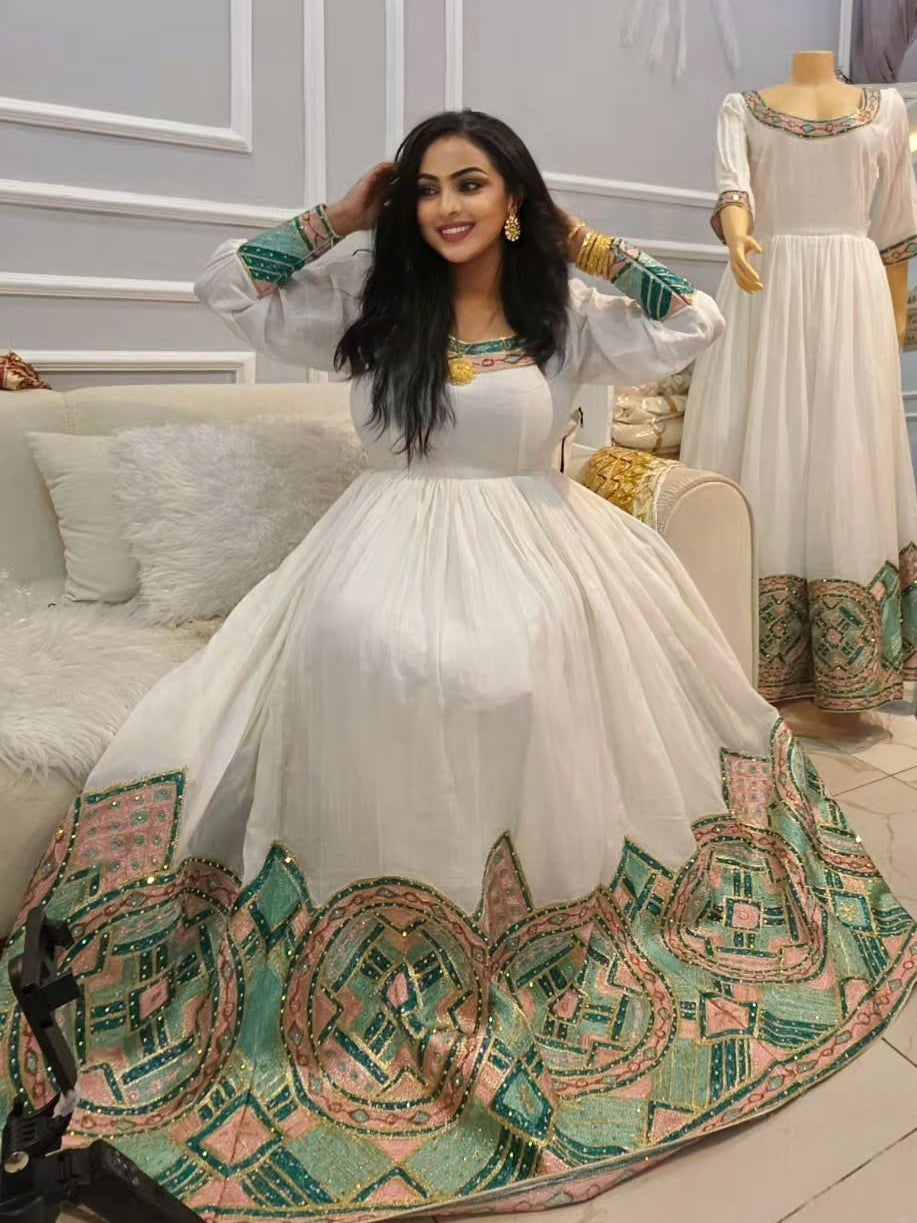 Teal & Blush Pastel Embroidered Ethiopian Dress Handcrafted Habesha Kemis Luxury Ethiopian Clothing 1357