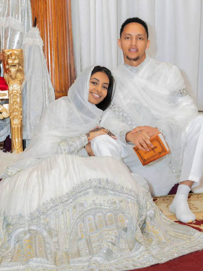 Habesha Couple Matching Outfit | Ethiopian Wedding Attire & Silver Embroidered Set   
