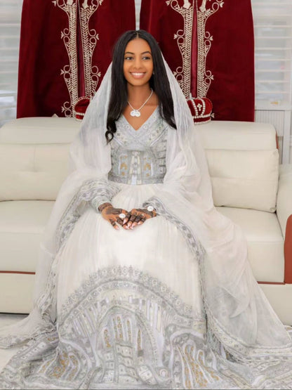 Royal White & Silver Embroidered Habesha Couple Matching Outfit Ethiopian Wedding Attire & Handcrafted Couple Set  1360