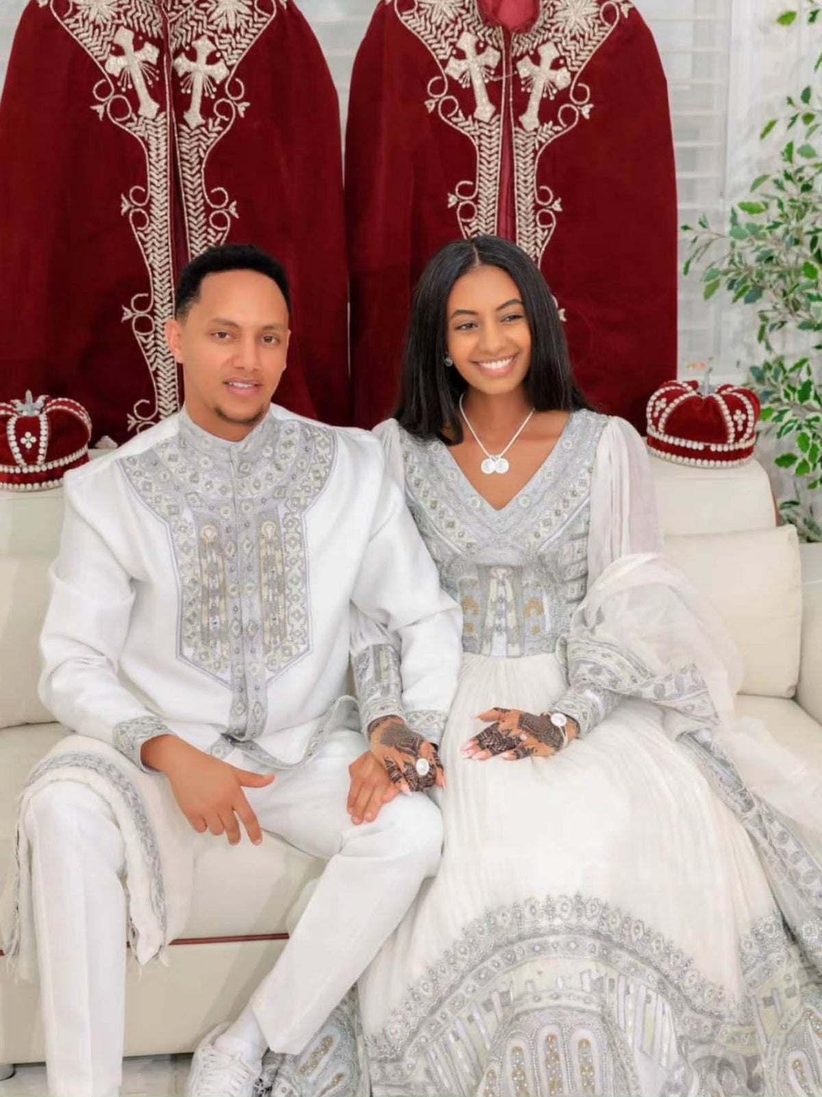 Royal White & Silver Embroidered Habesha Couple Matching Outfit Ethiopian Wedding Attire & Handcrafted Couple Set  1360