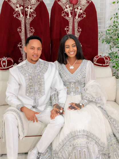 Royal White & Silver Embroidered Habesha Couple Matching Outfit Ethiopian Wedding Attire & Handcrafted Couple Set  1360