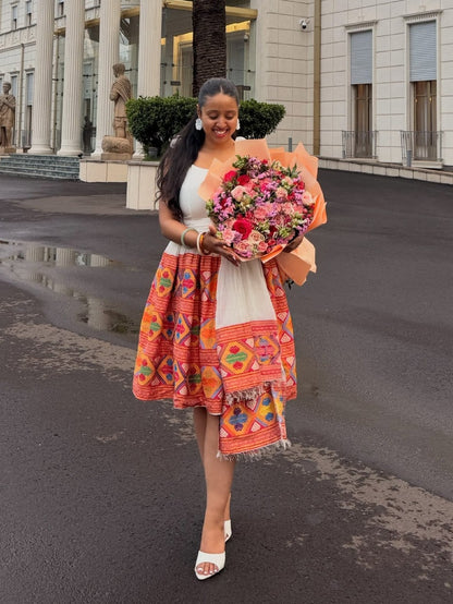 Modern Tie-Strap Colorful Patterned Ethiopian Dress Handcrafted Habesha Kemis Contemporary Ethiopian Clothing 1359