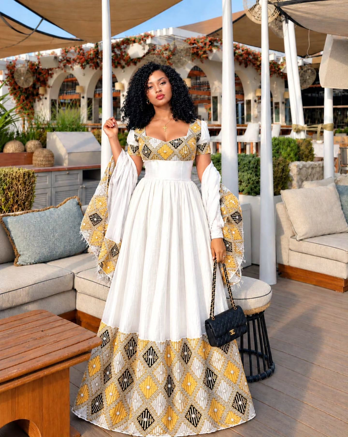 Order AI-Generated Habesha Kemis Online Mustard Gold & Black Ethiopian Traditional Dress   