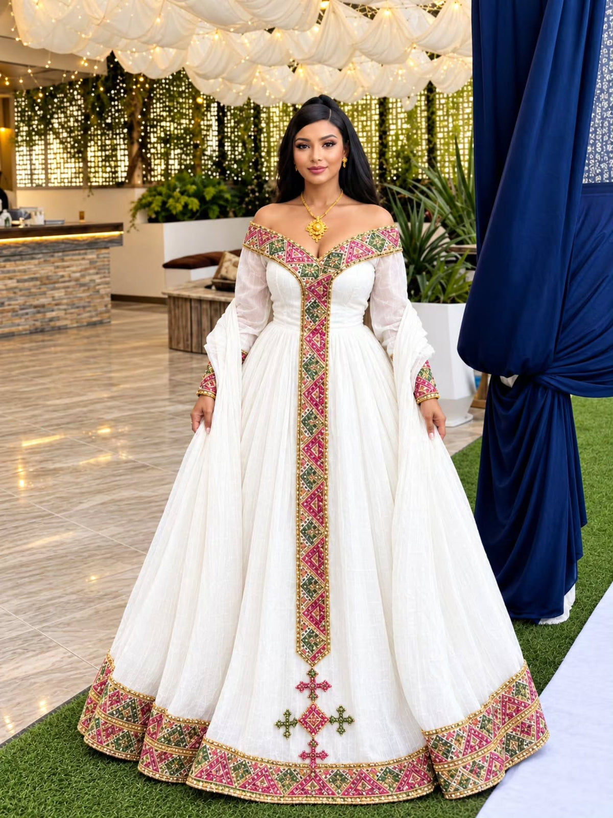 AI-Generated Off-The-Shoulder Pink, Green & Gold Habesha Kemis Regal Ethiopian Dress 1352