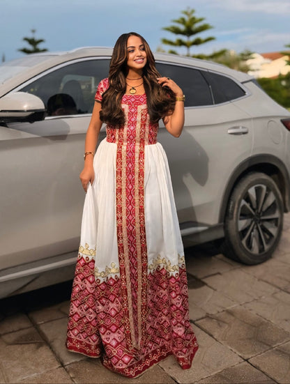 Vibrant Red Embroidered Ethiopian Dress Handcrafted Habesha Kemis Premium Ethiopian Clothing 1363