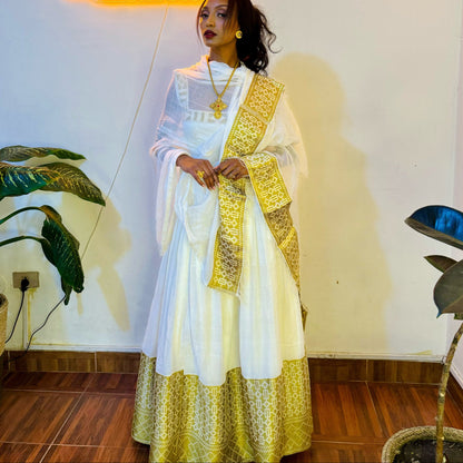 Gold Patterned Habesha Kemis  Handloomed Habesha Traditional Dress & Classic Eritrean Dress 1365