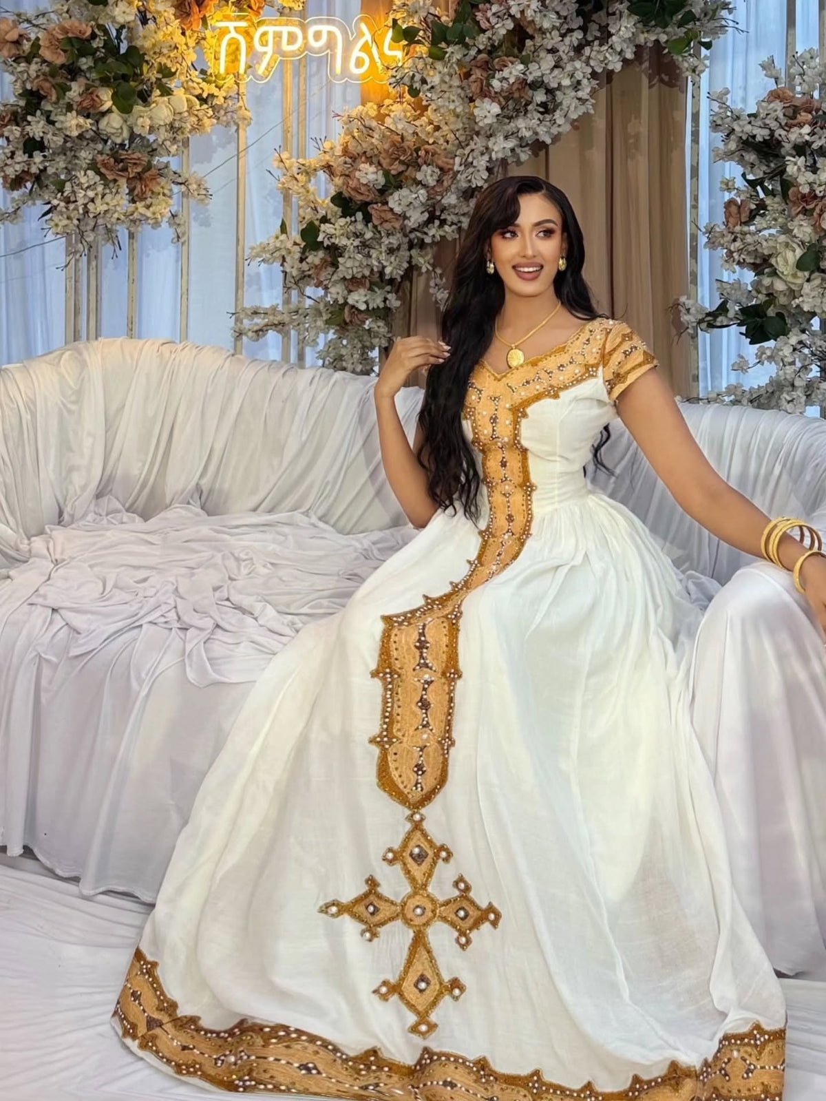 Gold Cross Motif Habesha Traditional Dress & Handwoven Ethiopian Traditional Dress