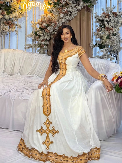 Regal Gold Embroidered Habesha Kemis Premium Ethiopian Clothing Timeless Traditional Habesha Dress 1366