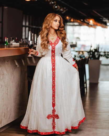 Striking Crimson Red Embroidered Ethiopian Dress Long Sleeve Habesha Kemis Authentic Habesha Dress 1667