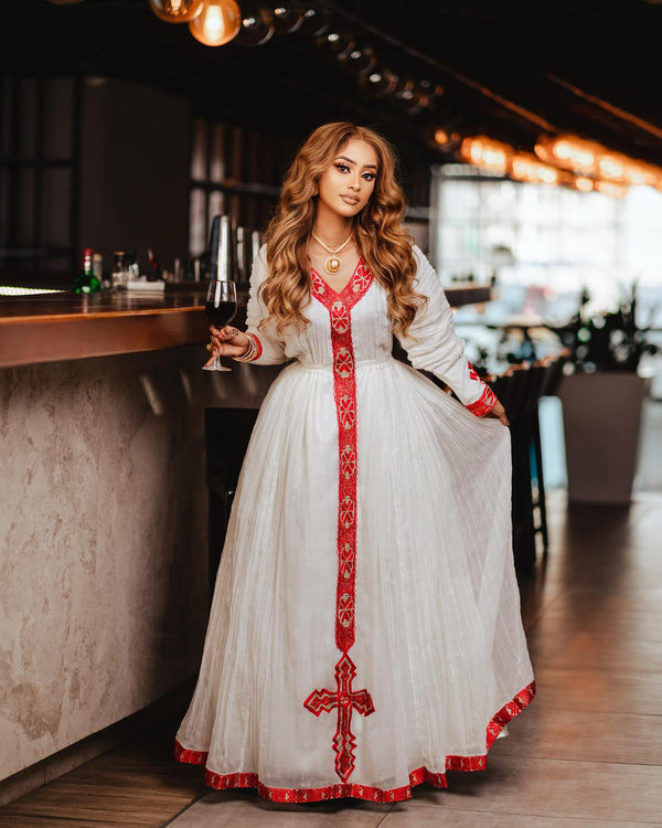 Red Cross Motif Habesha Traditional Dress & Handwoven Ethiopian Traditional Dress   