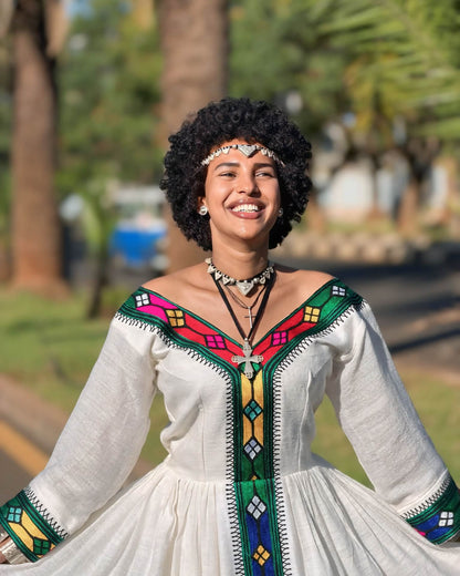 Vibrant Multi-Color Geometric Embroidered Ethiopian Dress Handcrafted Habesha Kemis Contemporary Ethiopian Clothing 1368