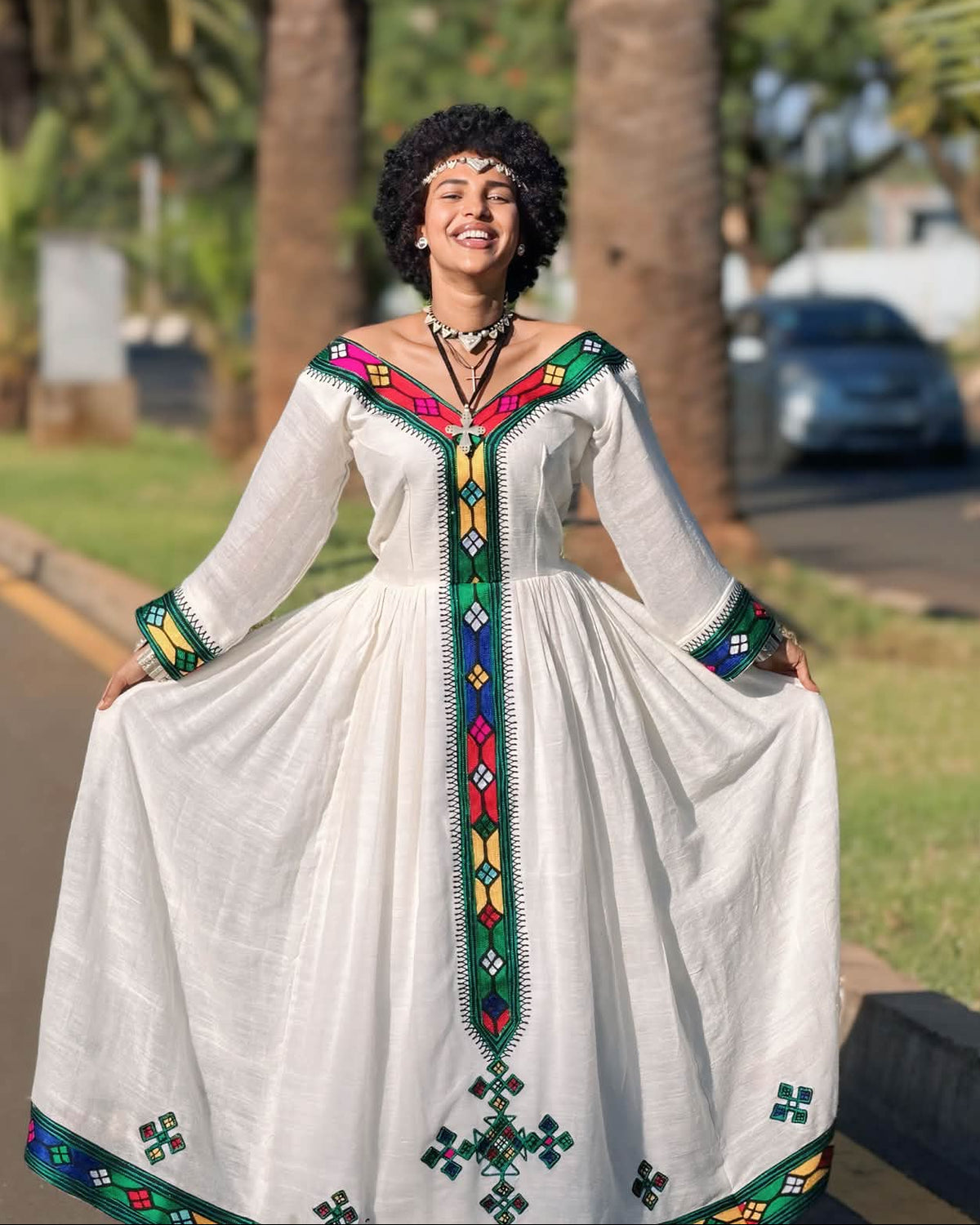 Vibrant Multi-Color Geometric Embroidered Ethiopian Dress Handcrafted Habesha Kemis Contemporary Ethiopian Clothing 1368
