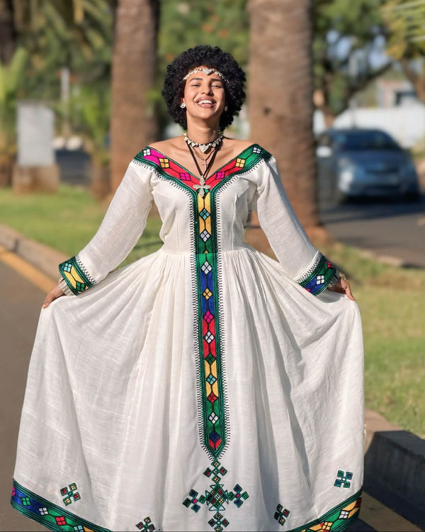 Vibrant Multi-Color Geometric Embroidered Ethiopian Dress Handcrafted Habesha Kemis Contemporary Ethiopian Clothing 1368