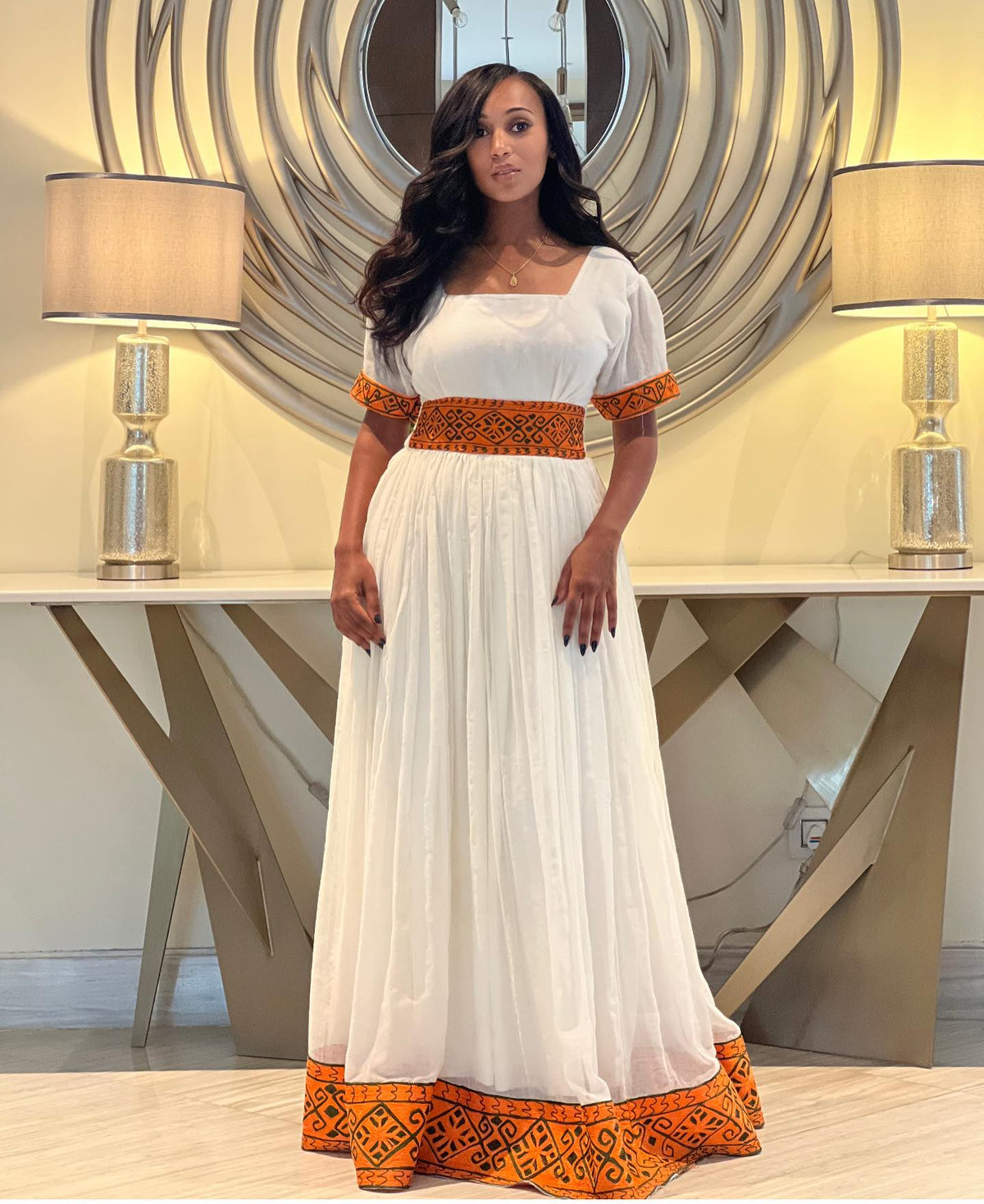 Orange Geometric Pattern Habesha Traditional Dress & Authentic Ethiopian Traditional Dress