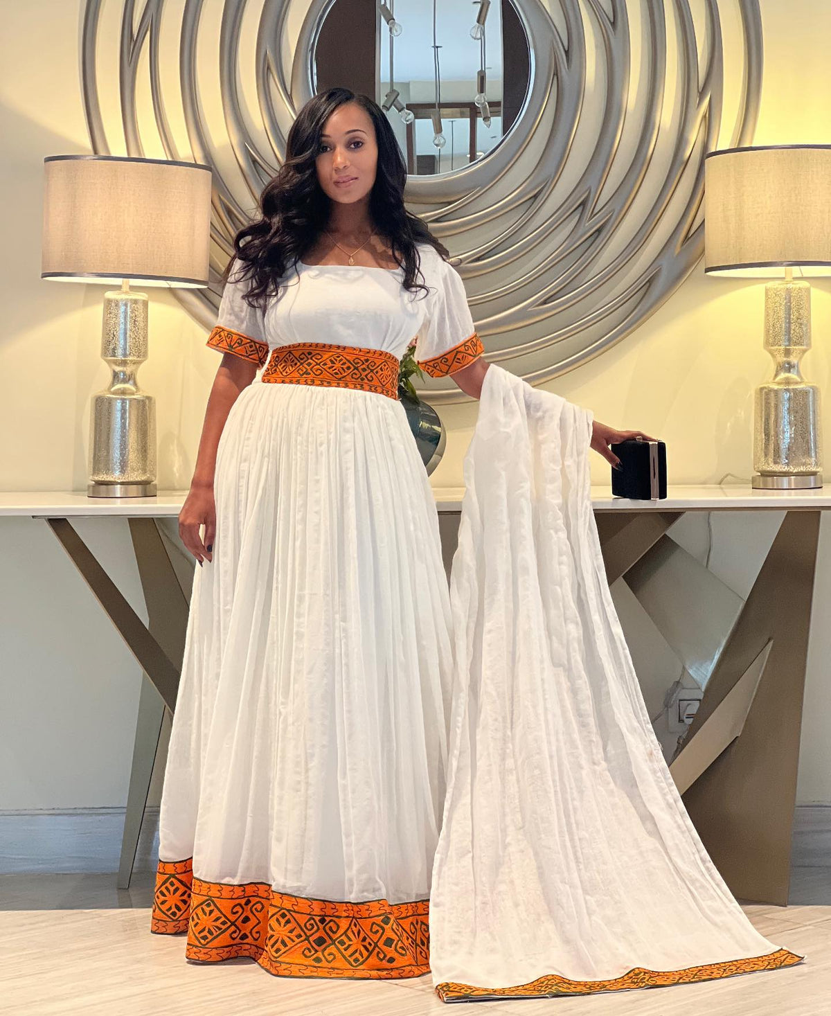 Chic Orange & Black Embroidered Habesha Kemis Handcrafted Habesha Dress Contemporary Ethiopian Clothing 1369