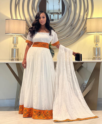 Chic Orange & Black Embroidered Habesha Kemis Handcrafted Habesha Dress Contemporary Ethiopian Clothing 1369