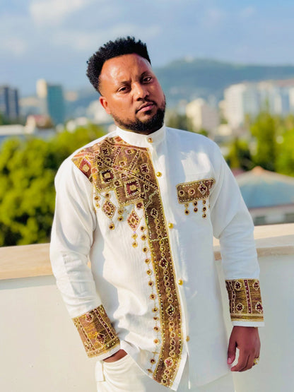 Regal Gold & Bronze Embroidered Ethiopian Men's Shirt Men's Ethiopian Cultural Attire 1370