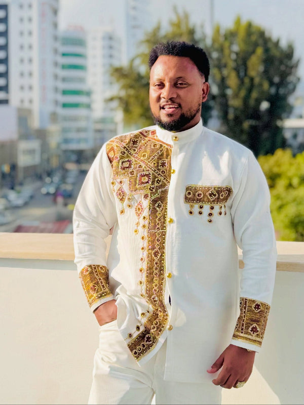 Regal Gold & Bronze Embroidered Ethiopian Men's Shirt Men's Ethiopian Cultural Attire 1370