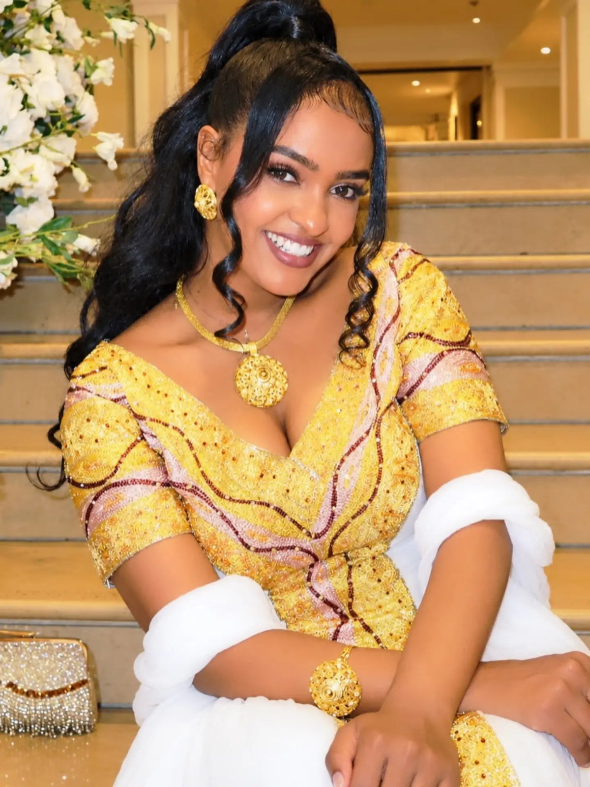 Radiant Yellow & Gold Embroidered Ethiopian Dress  Authentic Habesha Kemis For Festive 1376