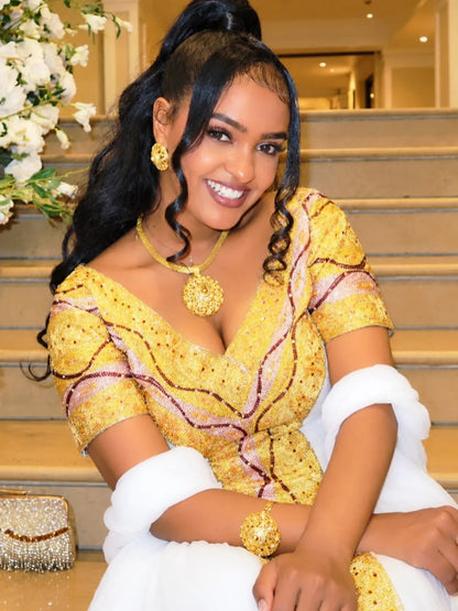 Radiant Yellow & Gold Embroidered Ethiopian Dress  Authentic Habesha Kemis For Festive 1376
