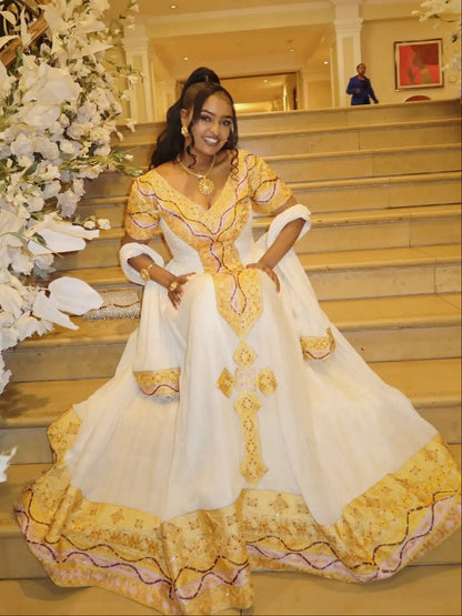 Yellow Embroidered Habesha Traditional Dress & Handwoven Ethiopian Traditional Dress