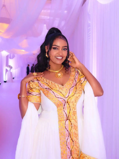 Radiant Yellow & Gold Embroidered Ethiopian Dress  Authentic Habesha Kemis For Festive 1376