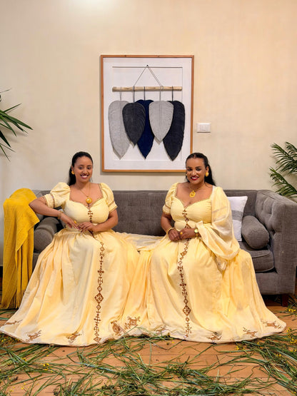 Pastel Yellow Embroidered Habesha Kemis Elegant Ethiopian Traditional Dress Charming Habesha Dress 1378