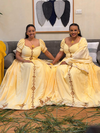 Pastel Yellow Embroidered Habesha Kemis Elegant Ethiopian Traditional Dress Charming Habesha Dress 1378