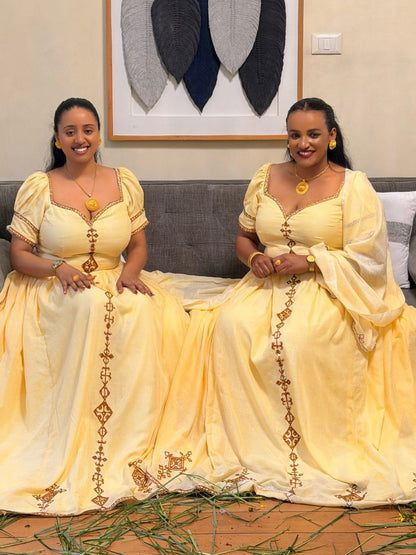Pastel Yellow Habesha Traditional Dress & Handwoven Ethiopian Traditional Dress