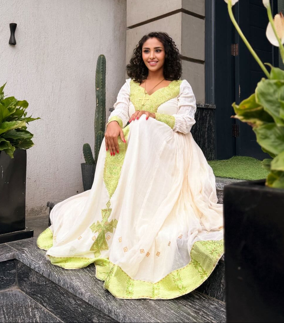 Vibrant Lime Green Embroidered Ethiopian Dress Authentic Habesha Kemis & Premium Eritrean Dress 1379
