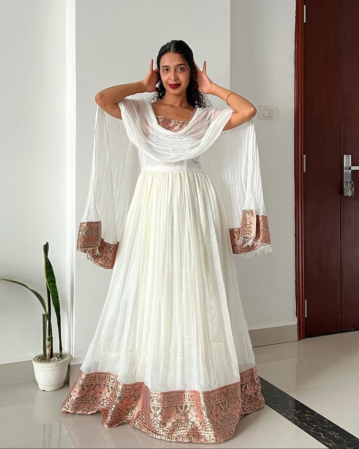 Chic Metallic Rose Gold Embroidered Habesha Kemis Luxury Ethiopian Traditional Dress For Event 1380