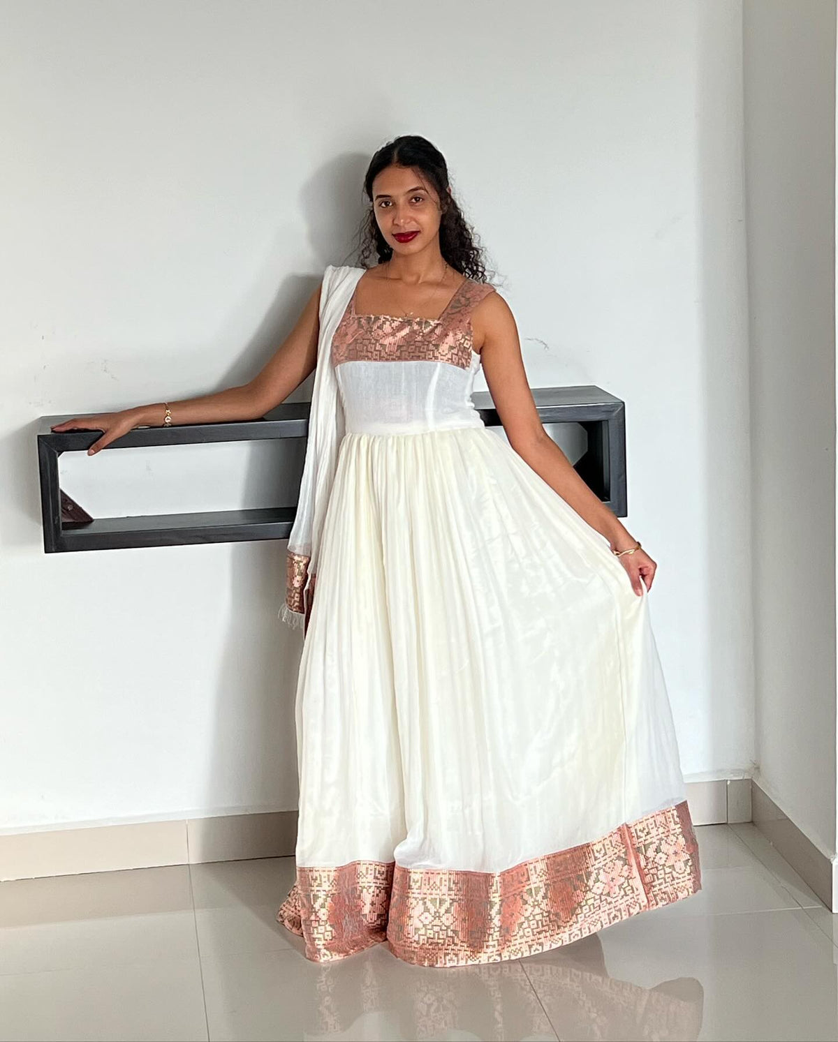 Rose Gold Border Habesha Traditional Dress & Handwoven Ethiopian Traditional Dress