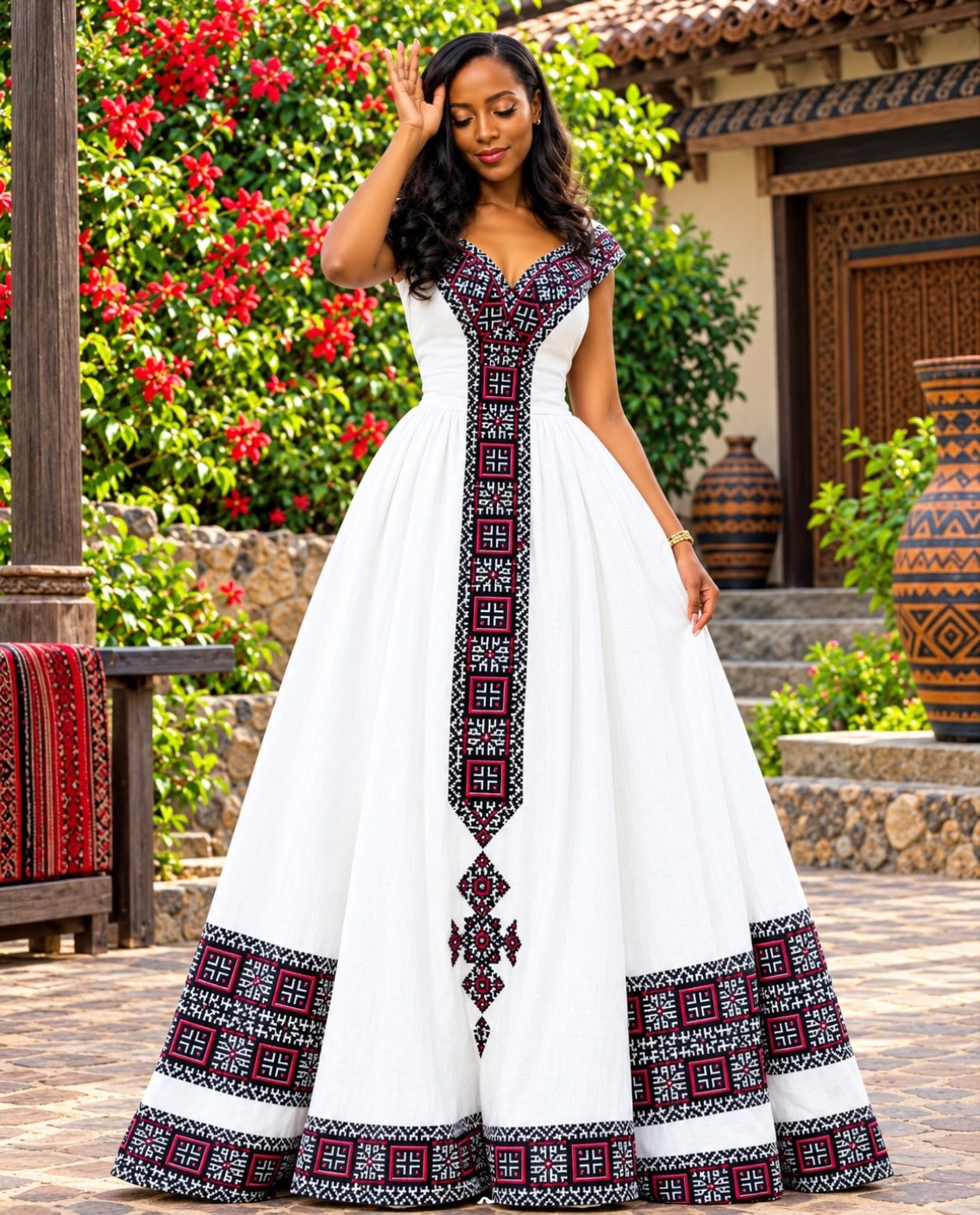 AI-Generated V-Neckline Dark-Magenta Habesha Dress Charcoal Geometric Habesha Kemis 1371
