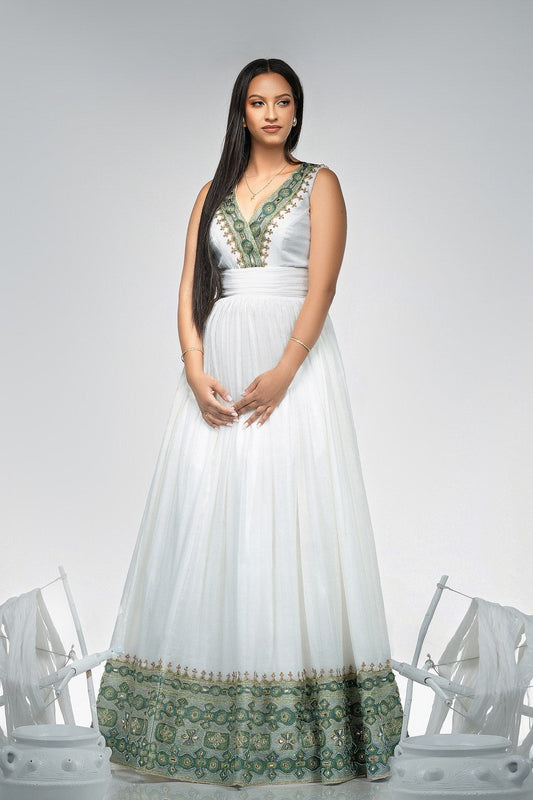 White V-Neck Habesha Dress Green & Gold Tibeb Ethiopian Wear Elegant Cultural Habesha Kemis 0058